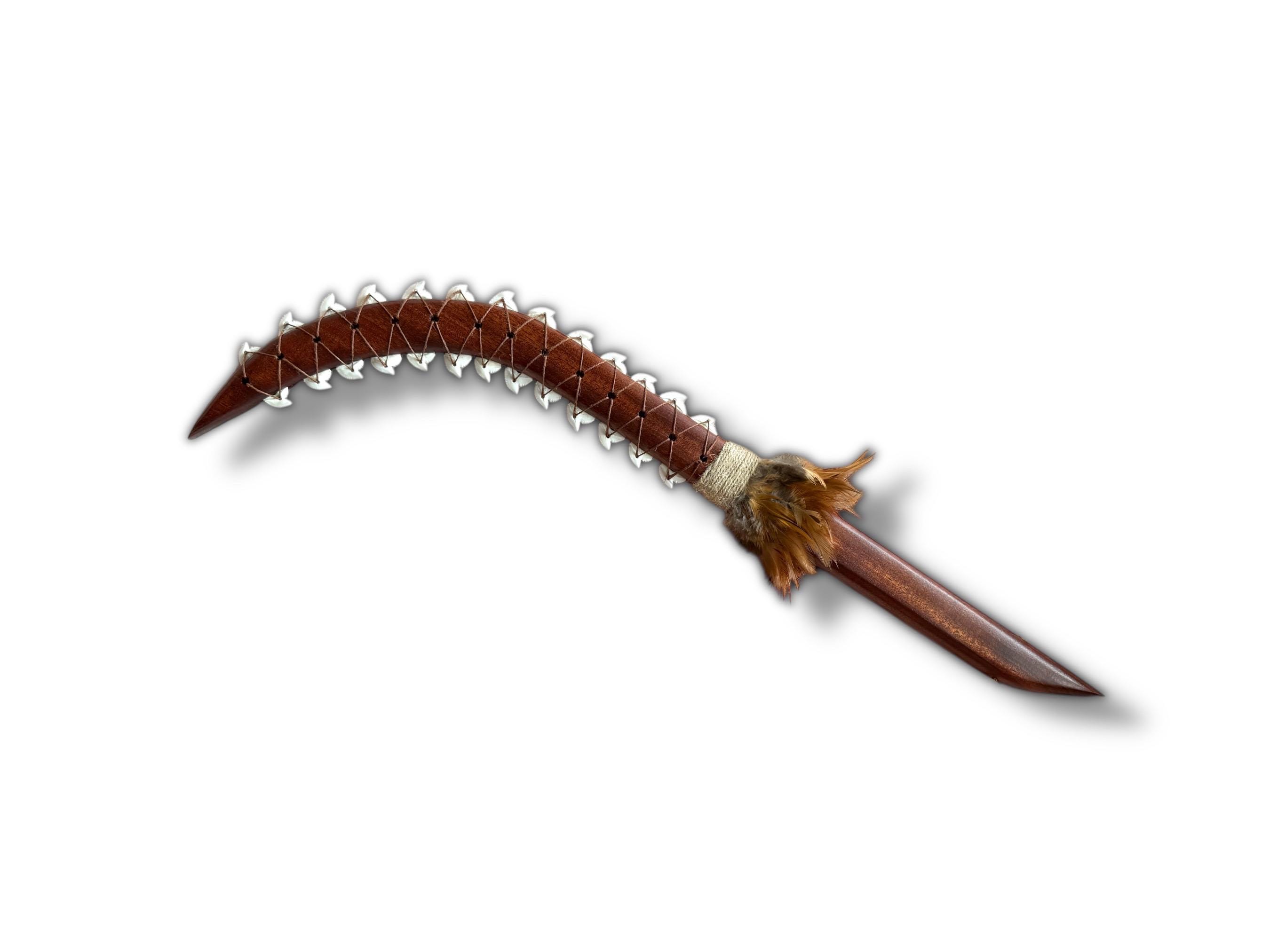Mahogany Curved Leiomano With Authentic Shark Teeth & Feathers