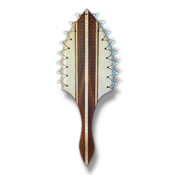 Large Curly Maple & Mahogany Leiomano with Engraved Hawaiian Tribal Pattern and Shark Teeth - Hawaiian Collectible