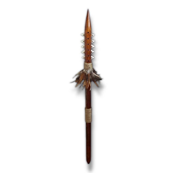 3ft Koa Wood Spear with Shark Teeth & Feathers - Leiomano Hawaiian Collectible