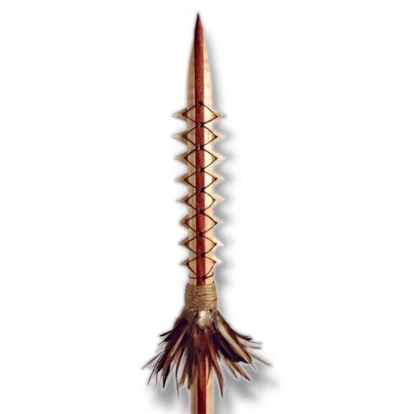 5ft Curly Maple and African Mahogany Wood Spear with Shark Teeth & Feathers - Leiomano Hawaiian Collectible