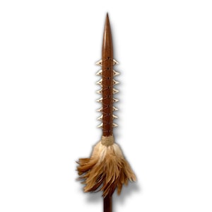 5ft Mahogany Spear with Shark Teeth & Feathers - Leiomano Hawaiian Collectible
