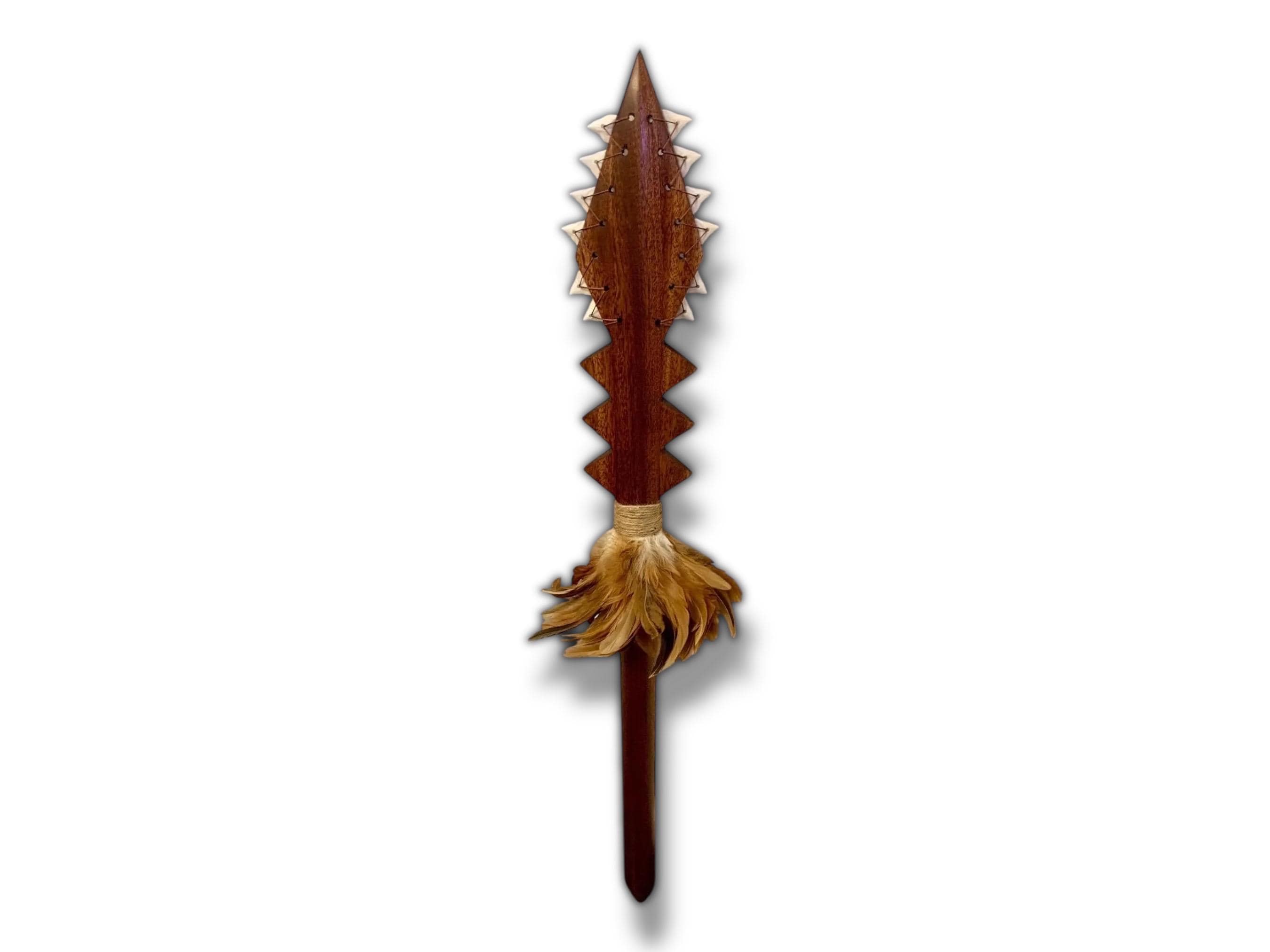 3ft King Kamehameha Spear With Shark Teeth & Feathers - Leiomano