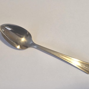 May include: A silver spoon with a rounded bowl and a long, slender handle. The handle features a decorative design near the end. The spoon is made of a shiny, reflective metal, likely stainless steel or silver, and is set against a white background.