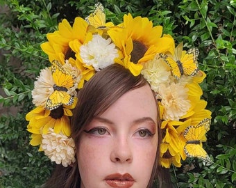 Floral Headdress/ READY TO SHIP/ Flower Crown/ Flower Headdress/ Frida Kahlo/ Day of the Dead/ Sunflowers and Butterflies/ Bridal/ Bohemian