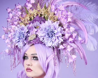 Lavender Headdress/ Purple Headpiece /Feather Crown/ Feather Headdress/ Feather Headpiece/ Floral Headpiece/ Flower Crown/ Fae/ Fairy