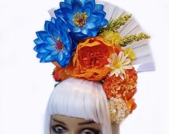 Flower Crown/ Flower Headdress/ Floral Headdress/ Day of the Dead/ Tropical Hat/ Bridal/ Bohemian/ Fan Hat/ Flower Head Piece/ Tiki Hat
