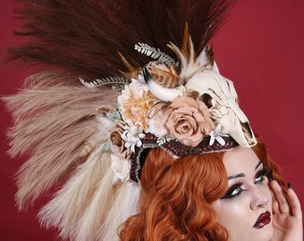 Feather Mohawk/ Feather Headdress/ Feather Headpiece/ Flower Crown/ Headdress/ Headpiece/ Skull Headpiece/ Southwest Style