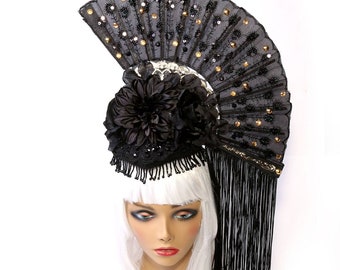 READY TO SHIP Fan Hat/ Geisha Hat/ Geisha Costume/ Spanish Hat/ Floral Headpiece/ Headdress/ Headpiece/ Flower Crown/ Asian Headpiece
