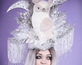 Moon Headpiece/ Moon Headdress/ Art Deco/ Owl Hat/ Owl Headdress/ Moon Goddess/ Silver Moon/ White Owl/ Burning Man/ Moon Goddess