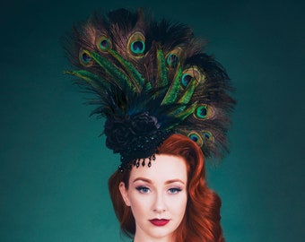 Peacock Headdress/ Peacock Hat / Derby Hat/ Feather Headdress / Feather Hat / Peacock Costume / Vintage Style Hat/ Fascinator Hat/ Pinup Hat
