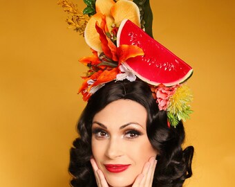 Fruit Hat/ Pinup Hat / Tropical Hat/ Tropical Hair Flowers/ Tiki Hat / Tiki Headdress / Floral Hat / Carmen Miranda/ Headband
