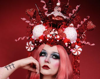 Candy Headdress/ Candy Headpiece/ Rococo/ Baroque/ Showgirl Headdress/ Mardi Gras/ Carnevale/ Cupcake Headdress/ Red and White/ Candyland