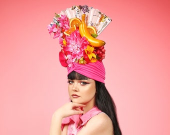 Fruit Hat/ Pinup Hat / Tropical Hat/ Tropical Fascinator/ Tiki Hat / Tiki Headdress / Floral Hat / Carmen Miranda/ Turban