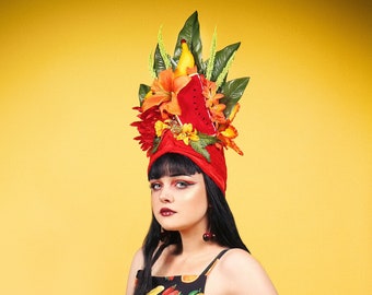 Fruit Hat/ Pinup Hat / Tropical Hat/ Tropical Fascinator/ Tiki Hat / Tiki Headdress / Floral Hat / Carmen Miranda/ Turban