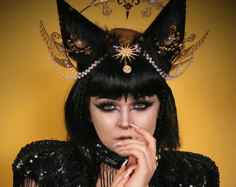 Egyptian Wig/ Cleopatra Headdress/ Egyptian Wig/ Beaded Wig/ Cleopatra Headpiece/ Anubis Wig/ Goddess/ Cat Ears/ Cosplay Wig