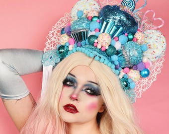 Candy Headdress/ Candy Headpiece/ Rococo/ Baroque/ Showgirl Headdress/ Mardi Gras/ Carnevale/ Cupcake Headdress/ Blue headpiece/ Candyland
