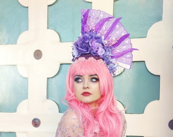 Headdress/ Headpiece /Fan Hat/ Geisha Headdress/ Feather Headpiece/ Fan Headpiece / Lavender Hat / Lolita Hat/ Sweet Lolita/ Derby