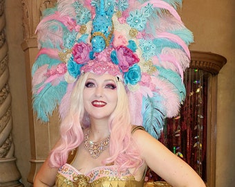 Unicorn Headdress/ Unicorn Headpiece/ Rococo/ Baroque/ Showgirl Headdress/ Mardi Gras/ Carnevale/ Giant Feather Headdress/ Pink and Blue/