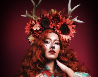 Horned Headdress/ Flower Headdress/ Antlers/ Flower Crown/ Fawn Headdress/ Satyr Headdress/ Satyr/ Fawn/ Bohemian/ Flower Crown/ Fairy/ Stag