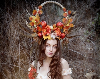 Headdress/ Headpiece/ Feather Headdress/READY TO SHIP Autumn Headpiece/ Mother Nature/ Goddess/ Faerie/ Fae/ Fruit Hat/ Flower Crown/ Halo