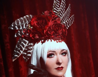 Feather Fascinator/ Feather Headdress/ Feather Headpiece/ Flapper/ Gatsby Hat/ 40's Hat/ Pinup Hat/ Gothic Hat/ Floral Headpiece/ Cruella