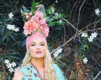 Turban/ Tropical Hat/ Pinup Hat/ Carmen Miranda/ Pink Hat/ Flower Headdress/ Floral Headdress/ Day of the Dead/ Bohemian/  Flower Headpiece/