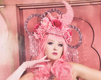 Moon Hat/ Moon Headdress/ Art Deco/ 1920's Hat/ Pink Headdress/ Moon Goddess/ Pink Moon/ Pink Fringe/ Burning Man/ Star Goddess