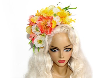 Pinup Flowers/ Hair Flowers/ Fruit Hat/Tiki Headdress/Fruit Headpiece/ Floral Headpiece/ Tropical Hat/ Tropical Headpiece /Tropical Headband
