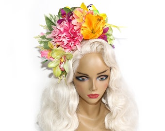 Flower Headband/ Tiki Headdress/ Floral Headdress/ Pinup Hair Piece/ Tiki Room/ Tiki Flower/ Tropical Headband/ Tropical Flowers Head Piece/