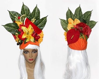 Fruit Hat/ Pinup Hat / Tropical Hat/ Tropical Fascinator/ Tiki Hat / Tiki Headdress / Floral Hat / Carmen Miranda/ Turban