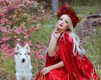 Flower Crown/ Flower Headdress/ Floral Headdress/ Red Riding Hood/Renaissance Day of the Dead Headdress/ Bridal/Bohemian/ Flower Head Piece/