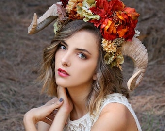 Horned Headdress/ Flower Headdress/ Ram Horns/ Flower Crown/ Fawn Headdress/ Satyr Headdress/ Satyr/ Fawn/ Bohemian/ Flower Crown/ Fairy