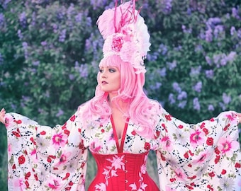 Geisha Hat/ Headdress/ Headpiece/ Geisha Costume/ Fan Hat/ Floral Headpiece