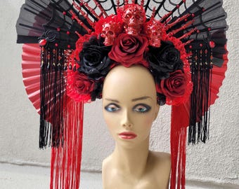 Spiderweb Hat / Flower Headdress/ Floral Headdress/ Day of the Dead/ Skull Head Piece/ Skull Headdress/ Dia De Los Muertos/ Goth/ Gothic/