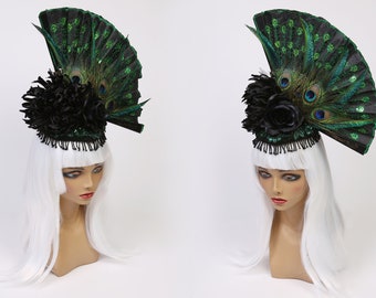 Peacock Headdress/ Peacock Headpiece /Fan Hat/ Feather Headdress/ Feather Headpiece/ Floral Headpiece/ Geisha Hat/ Lolita Hat/ Derby Hat