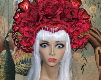 Queen of Hearts Headpiece/ Alice in Wonderland Headpiece/ Headdress/ Flower Crown/ Floral Headpiece/ Valentine Crown