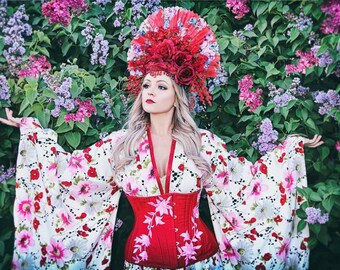 READY TO SHIP Headdress/ Headpiece/ Asain Headdress/ Fan Hat/ Geisha Hat /Geisha Costume/ Floral Headpiece/Flower Crown / Lolita Hat