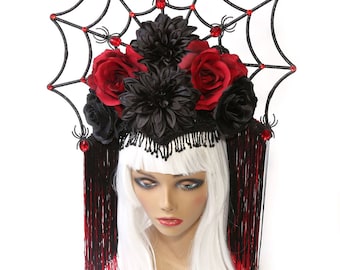 READY TO SHIP Spiderweb Headpiece/ Spiderweb Headdress/ Day of the Dead/ Spider Hat/ Goth Hat/ Gothic Style/ Flower Crown/ Black Roses