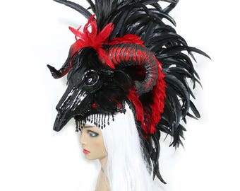 Feather Mohawk/ Headpiece/READY TO SHIP/Feather Headdress/ Burning Man Headdress/ Skull Headdress/ Headpiece/ Feather Headdress/ Ritual Wear
