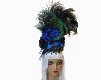 Peacock Headdress/ Peacock Headpiece /Feather fascinator/ Feather Headdress/ Feather Headpiece/ Floral Headpiece/ Victorian Hat/ Peacock