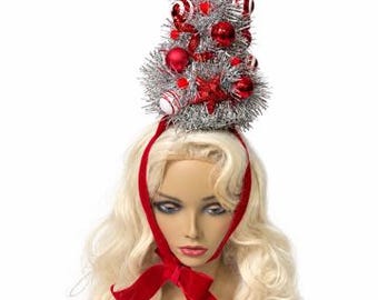 Kitschmas Tree Hat/ Christmas Tree Hat /1950s Christmas Tree Hat/ Christmas Headpiece/ Tinsel Hat/ Vintage Christmas Hat