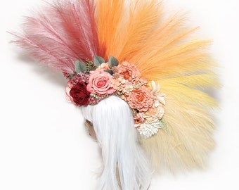 Faux Feather Mohawk/ Floral Headdress/ Floral Headpiece/ Flower Crown/ Headdress/ Headpiece/ Vegan Headpiece/ Pampas Bush Mohawk