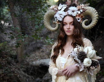 Headdress/ Headpiece/ Horned Headdress/ Fawn/ Satyr/ Fae/ Faerie/ Ram Horns/ Flower Crown/ Floral Headpiece/Witch Headdress/ Mother Nature