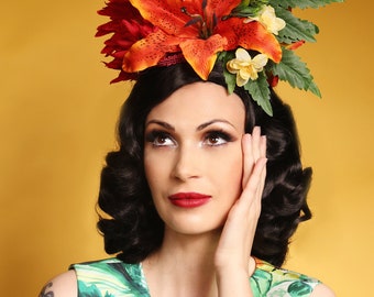 Tropical Headpiece/Floral Hat/ Pinup Style Hat/ Weed Hat/ Cannabis Hat/Tropical Style/ Tiki Style/ Chiquita Banana/ Carmen Miranda/