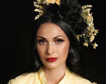 Hair Flowers/ Floral Headpiece/ Flower Headdress/ Pinup Flowers/ Vintage Hair/ Black and Yellow/ Headband/ Vintage Style