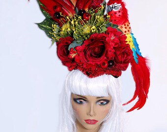 Parrot Headdress/ Tiki Headdress/ Floral Headdress/ Tiki Room/ Tiki Flower/ Tropical Flowers Head Piece/ Enchanted Tiki Room/ Carmen Miranda