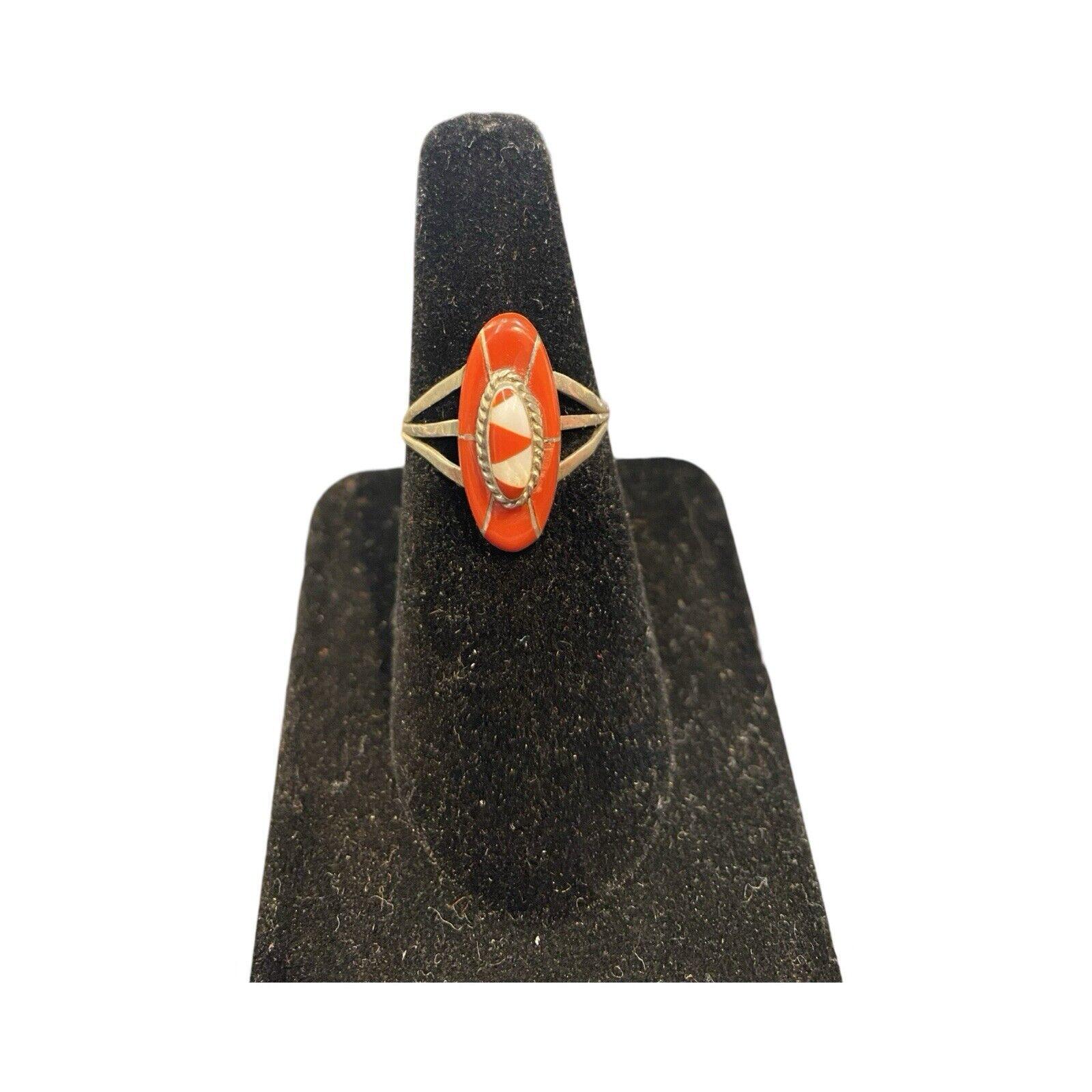 Zuni Native American Coral Mother of Pearl Sterling Silver Ring