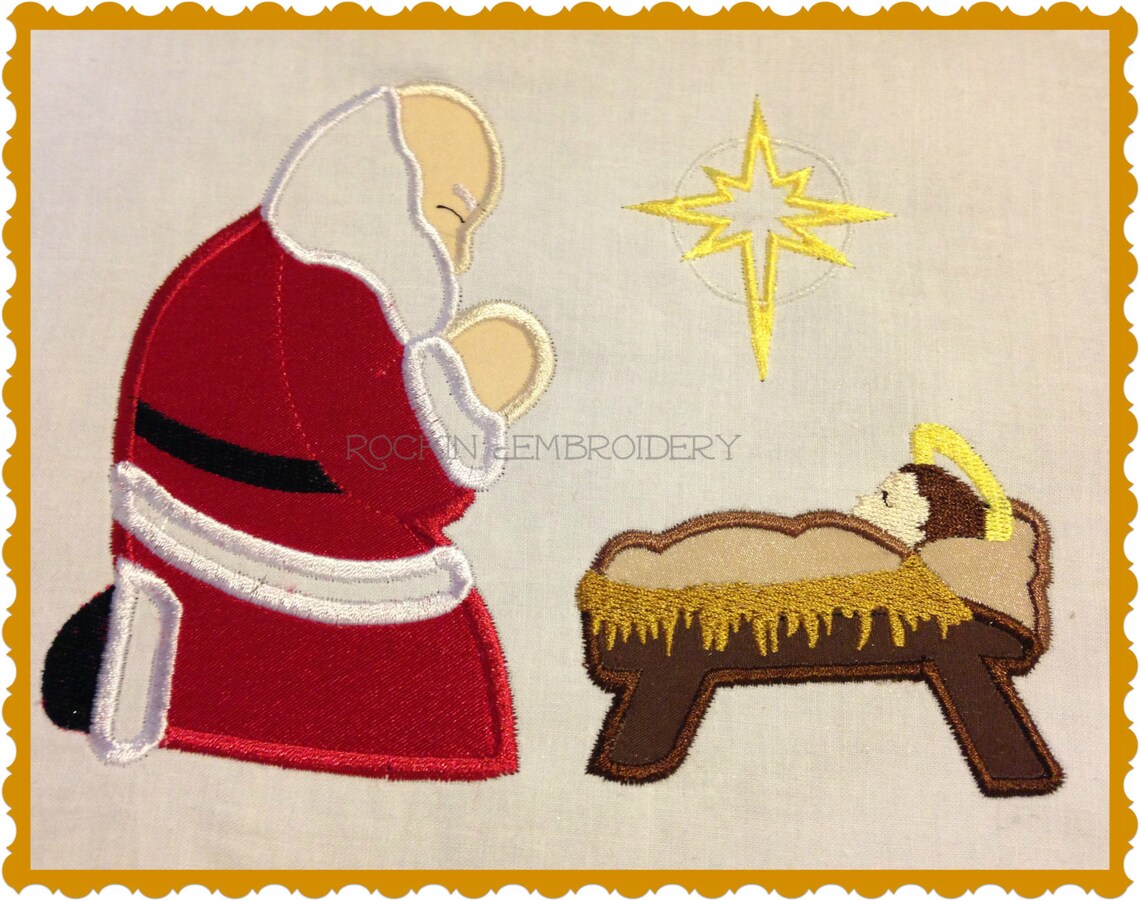 Santa Claus Kneeling at Baby Jesus Manger Embroidery Applique Etsy