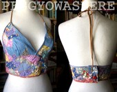 Handmade PEGGYOWASHERE 1970 39 s style corset halter top denim 1930 39 s feedsack calico patch hippie