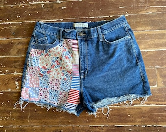 Denim Shorts High Waist Patchwork Cutoffs PEGGYOWASHERE size 16
